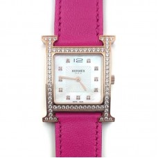 Heure H Rose Gold with Diamond Bezel and Markers on Pink Fjord Leather Strap