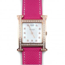 Heure H Rose Gold with Diamond Bezel and Markers on Pink Epsom Leather Strap