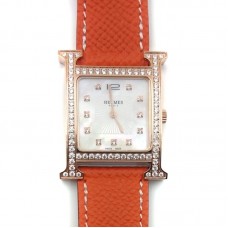 Heure H Rose Gold with Diamond Bezel and Markers on Orange Epsom Leather Strap